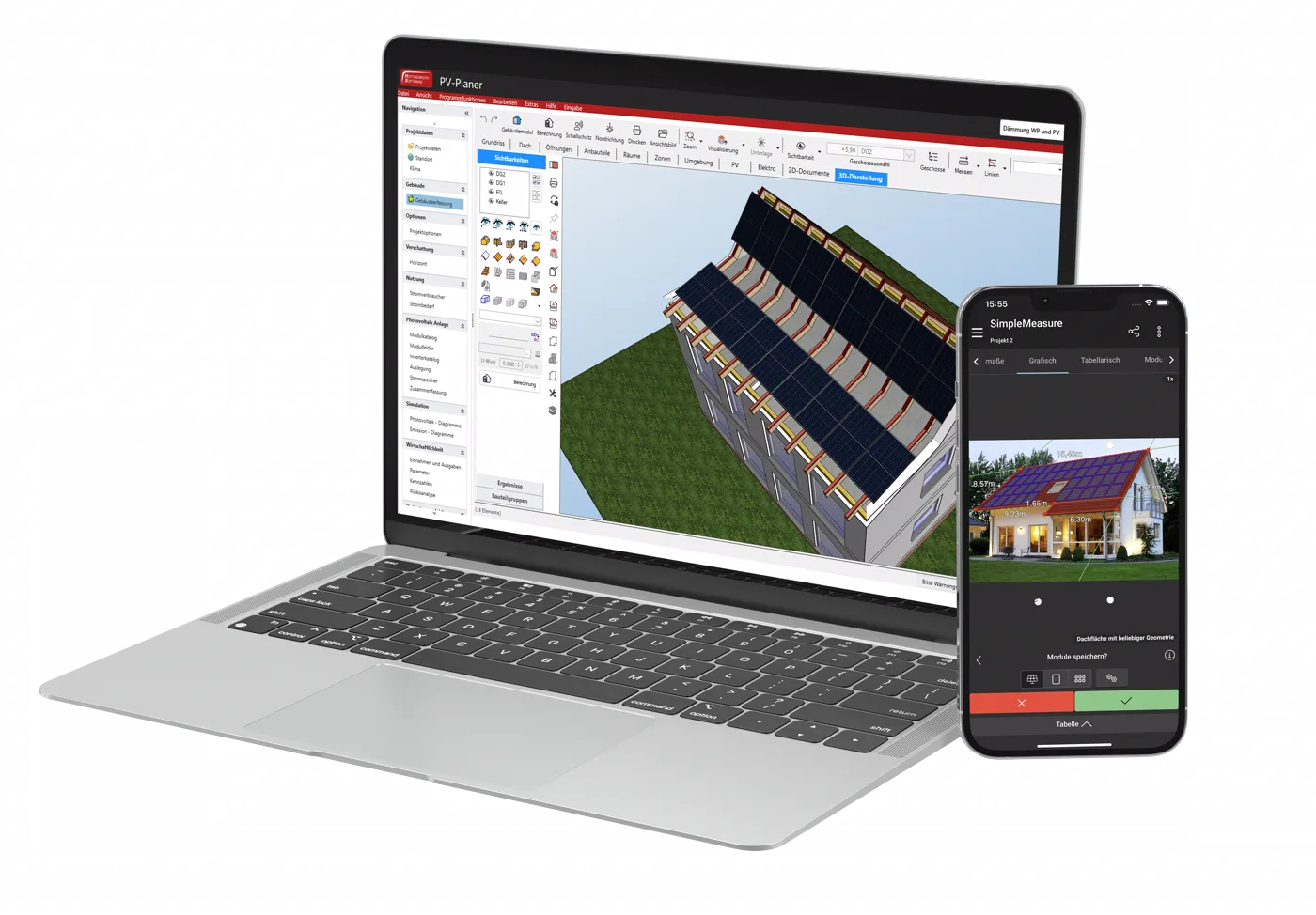 PV-Planner on a laptop showing a 3D house model with PV modules, next to a smartphone with the SimpleMeasure app and a photo of a house with a PV module layout